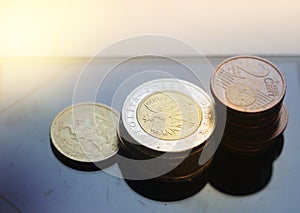 Coin stack on black background. soft light and selective focus. Business profit concept