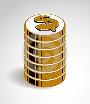 Coin stack cash money or casino chips still-life, vector icon, illustration or logo, revenue or taxes concept.