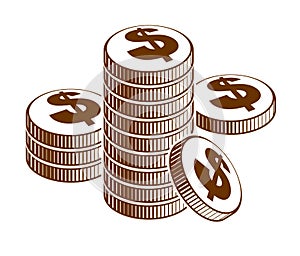 Coin stack cash money or casino chips still-life, vector icon, illustration or logo, revenue or taxes concept.