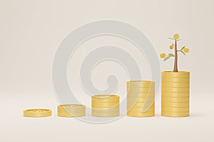 Coin stack growth with tree on white background.