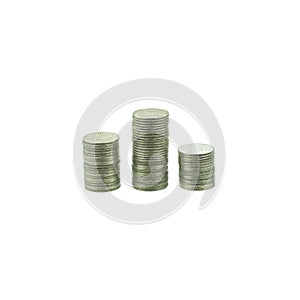 Coin stacks isolated on white background. Saving, Investment money concept. Coin stack growing business.