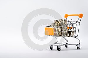 Coin stacks in shopping cart on white background
