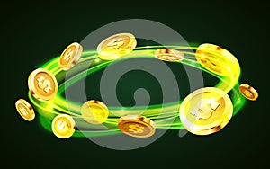 Coin swirl. Falling coins, falling money, flying gold coins, golden rain. Jackpot or success concept. Modern background.