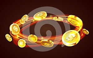 Coin swirl. Falling coins, falling money, flying gold coins, golden rain. Jackpot or success concept. Modern background.