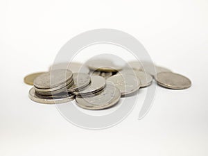 Coin Thai,Pile of coins heap of coins silver gold,Stacks on a white background,Investment money concept, Coin stack growing Isolat