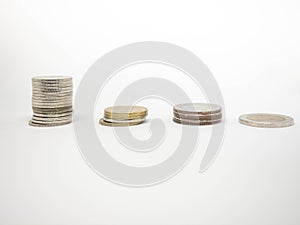 Coin Thai,Pile of coins heap of coins silver gold,Stacks on a white background,Investment money concept, Coin stack growing Isolat