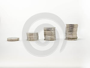 Coin Thai,Pile of coins heap of coins silver gold,Stacks on a white background,Investment money concept, Coin stack growing Isolat