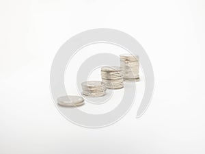 Coin Thai,Pile of coins heap of coins silver gold,Stacks on a white background,Investment money concept, Coin stack growing Isolat