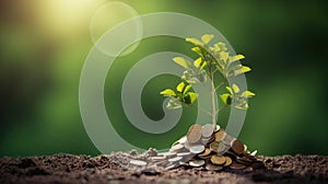 Coin tree The tree grows on the pile. Saving money for the future. Investment Ideas and Business Growth. Green background with