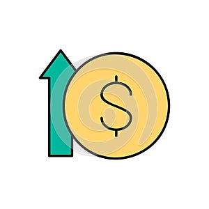 Coin with up arrow, money interest rate increase color lineal icon. Finance, payment, invest finance symbol design.