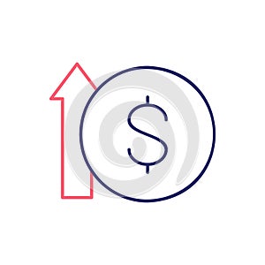 Coin with up arrow, money interest rate increase outline color icon. Finance, payment, invest finance symbol design.