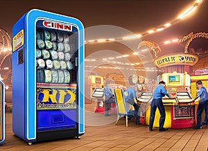 Coin, Vending, and Amusement Machine Servicers and Repairers Fictional Work Enviroment Scene.