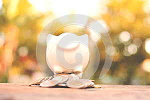 Coin with white piggy bank on old wood