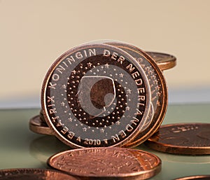 Coin worth two cents is on coins. Euro money.
