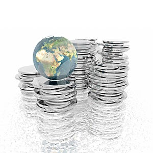 Coins with 3D globe isolated