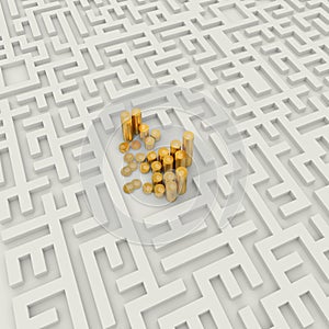 Coins in the abstract labyrinth, success concept.