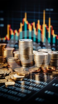 Coins accentuating financial charts, forex trading, and market analytics