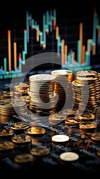 Coins accentuating financial charts, forex trading, and market analytics