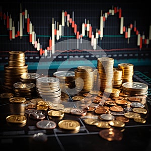 Coins accentuating financial charts, forex trading, and market analytics