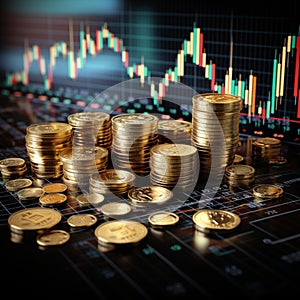 Coins accentuating financial charts, forex trading, and market analytics