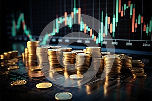 Coins accentuating financial charts, forex trading, and market analytics