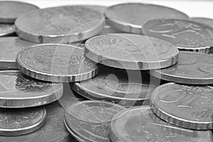 Coins background. euro coins. cent coins. euro cents Selective focus Black and white image