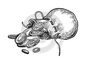 Coins in bag engraving vector illustration