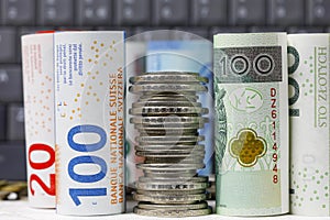 Coins and banknotes, PLN and CHF currencies