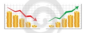 Coins bar with arrow graph going up dan down growth of financial and economy business infographic