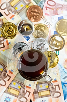 Coins Bitcoin - crypto currency and traditional money. The choice of the modern world. Investments, cryptocurrency digital payment