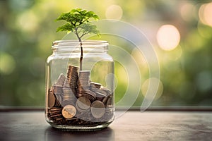 Coins in a bottle and the green tree, Represents the financial growth. The more money you save.