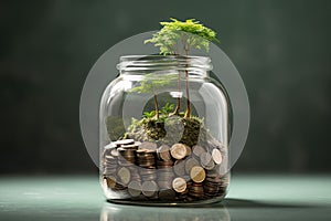 Coins in a bottle and the green tree, Represents the financial growth. The more money you save.