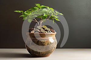 Coins in a bottle and the green tree, Represents the financial growth. The more money you save.