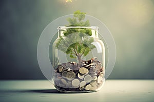 Coins in a bottle and the green tree, Represents the financial growth. The more money you save.