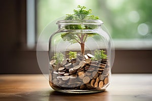 Coins in a bottle and the green tree, Represents the financial growth. The more money you save.