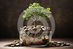 Coins in a bottle and the green tree, Represents the financial growth. The more money you save.