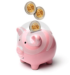 Coins Cashback falls into a piggy bank. Refund. Bonus payments after the purchase. Isolated on a white background