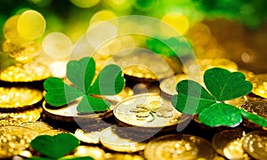 Coins and clover for St. Patrick's Day. Selective focus.