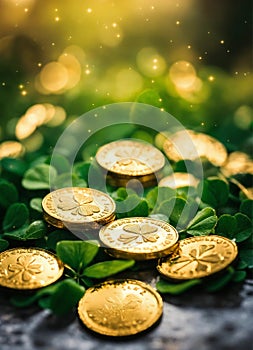 Coins and clover for St. Patrick's Day. Selective focus.