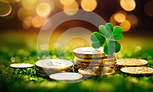 Coins and clover for St. Patrick's Day. Selective focus.