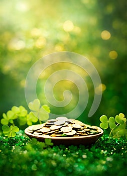 Coins and clover for St. Patrick's Day. Selective focus.