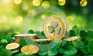 Coins and clover for St. Patrick's Day. Selective focus.