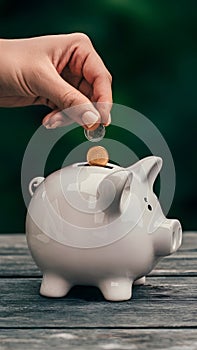 Coins deposited into piggy bank symbolize saving and investment photo