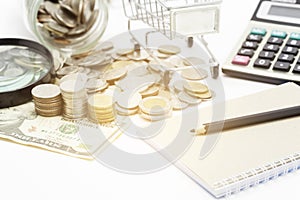 coins and dollar banknote,concept business planning and finance