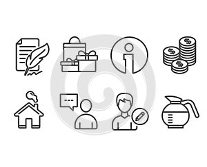 Coins, Edit person and Shopping icons. Users chat, Feather signature and Coffeepot signs.