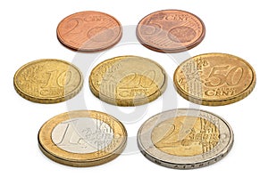 Coins of euros and eurocents isolated on a white background