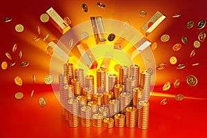 Coins explosion or falling gold coin, jackpot casino or business success concept, 3d render