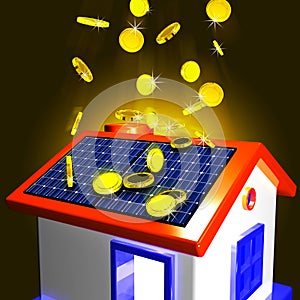 Coins Falling On House Showing Extra Money And Improved Economy