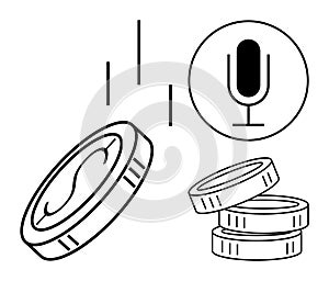 Digital Audio Revenue Concept with Microphone and Falling Coins Symbolizing Monetization