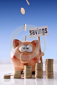 Coins falling on Piggy bank with blue background vertical